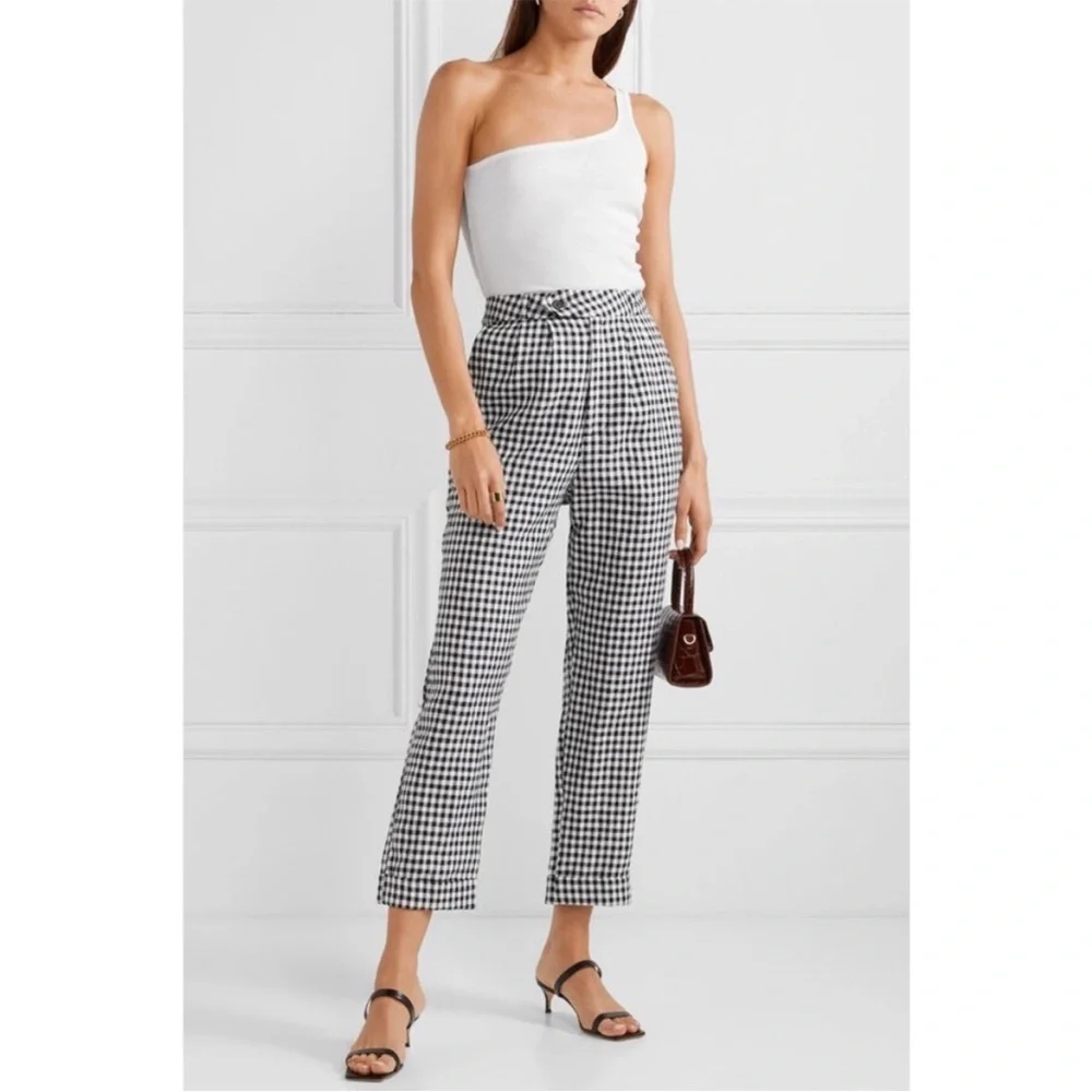 NWT Reformation Tanner April Black White Checkered 100% Linen Pant Size 4